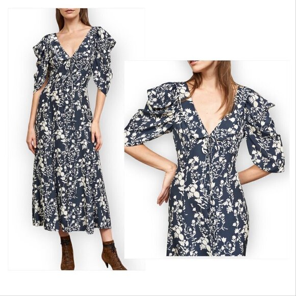 La Ligne Midi Dress, Flora dress, Silk, Size 0, Blue/Cream, New with tag - Picture 1 of 15